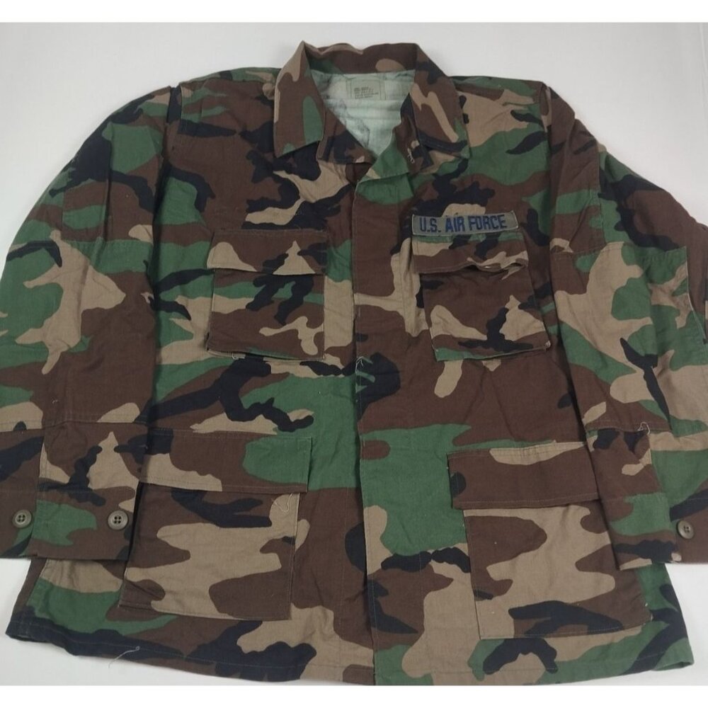 US Air Force Men L Regular Camo Woodland BDU Military Field Shirt Jacket Vintage